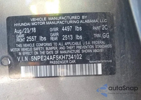 2019 Hyundai Sonata Se z USA, uszkodzony, nr VIN 5NPE24AF5KH734102